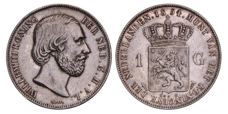 1 Gulden Willem III 1854. Prachtig.
