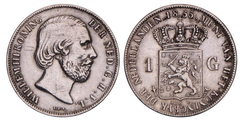 1 Gulden Willem III 1855. Prachtig (gepoetst).