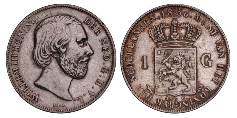 1 Gulden Willem III 1856. Zeer Fraai / Prachtig.