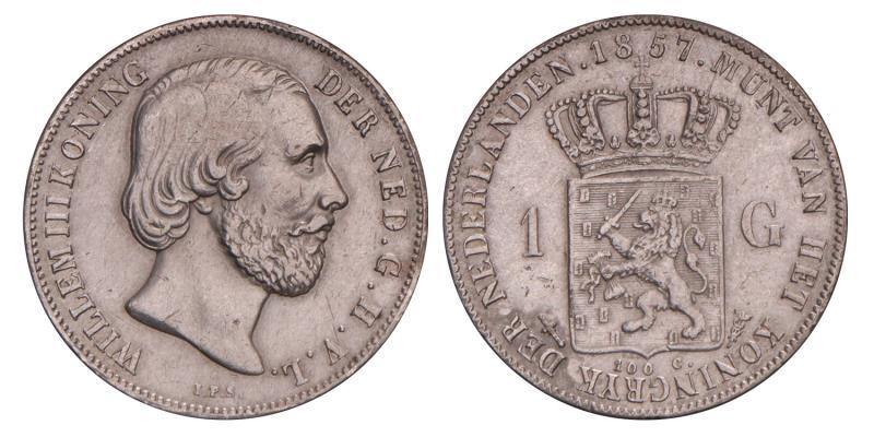 1 Gulden Willem III 1857. Zeer Fraai / Prachtig.