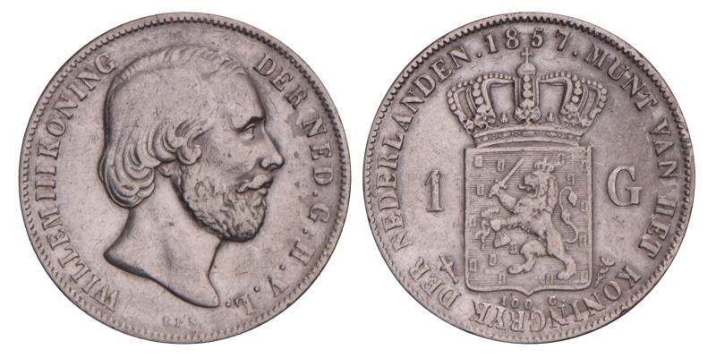 1 Gulden Willem III 1857. Zeer Fraai +.