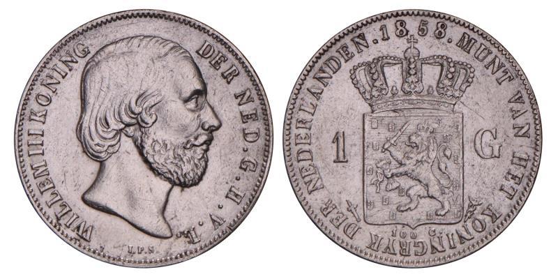 1 Gulden Willem III 1858. Zeer Fraai +.