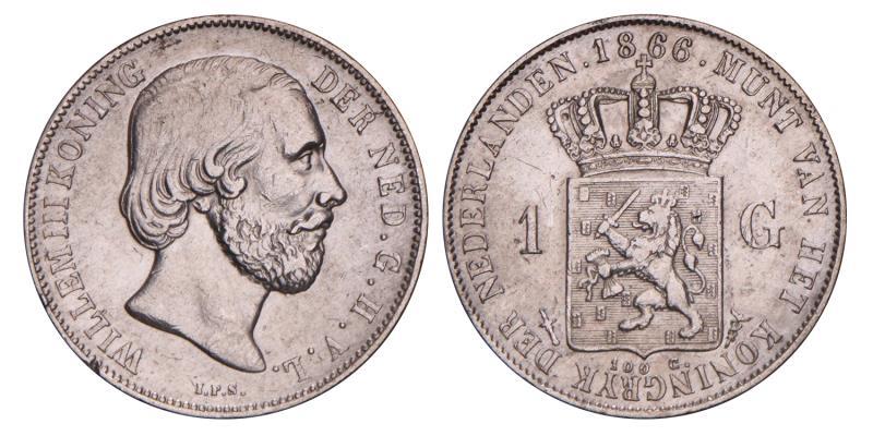 1 Gulden Willem III 1866. Zeer Fraai +.