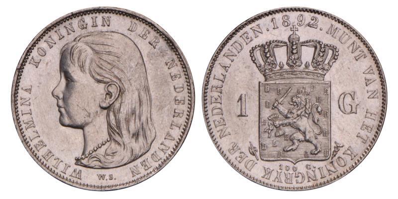 1 Gulden Wilhelmina 1892. Prachtig.