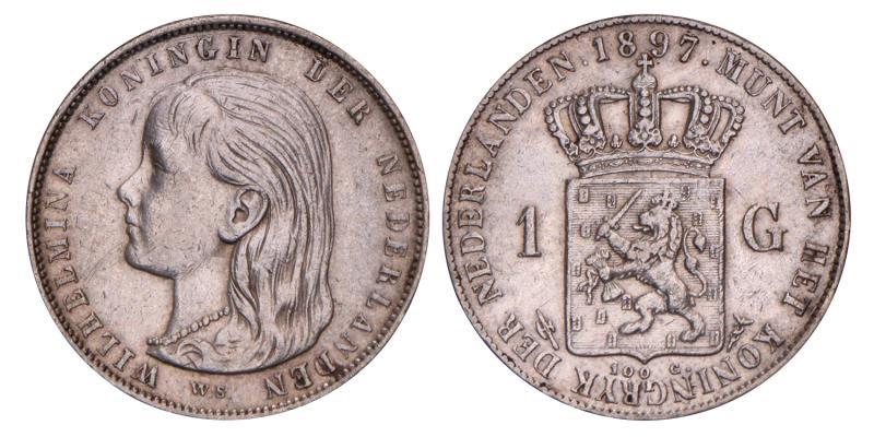 1 Gulden Wilhelmina 1897. Zeer Fraai / Prachtig.