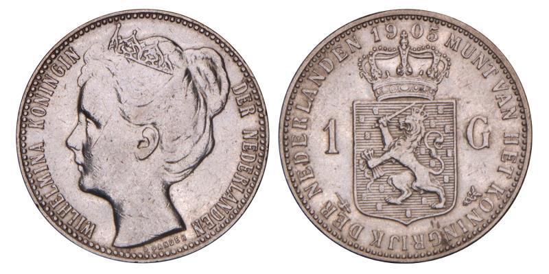1 Gulden Wilhelmina 1905. Zeer Fraai.
