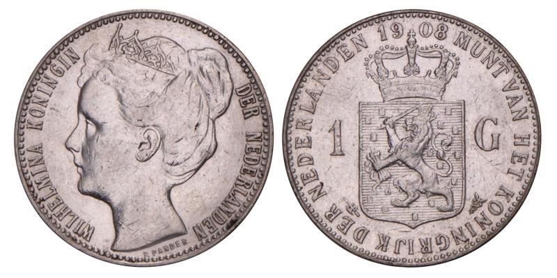 1 Gulden Wilhelmina 1908. Zeer Fraai +.