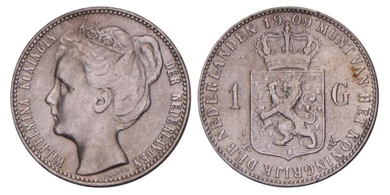 1 Gulden Wilhelmina 1909. Zeer Fraai.