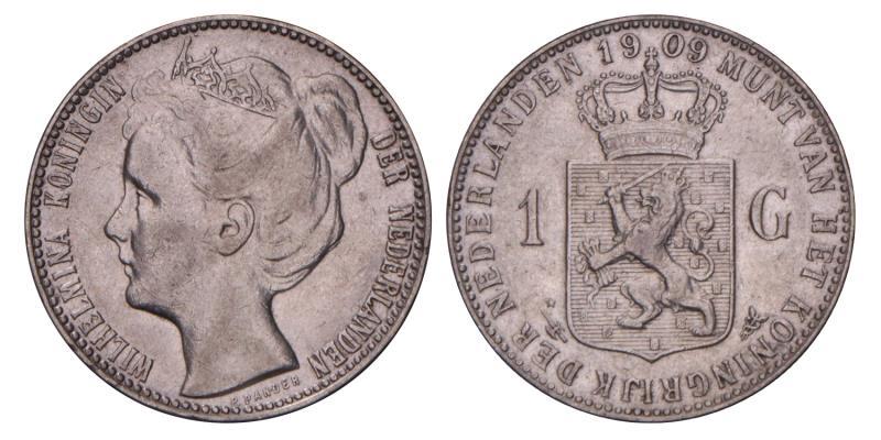 1 Gulden Wilhelmina 1909. Zeer Fraai -.