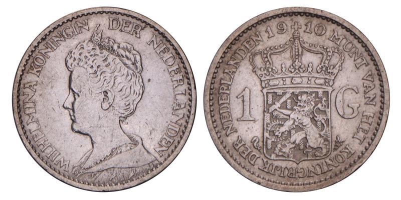 1 Gulden Wilhelmina 1910. Zeer Fraai +.