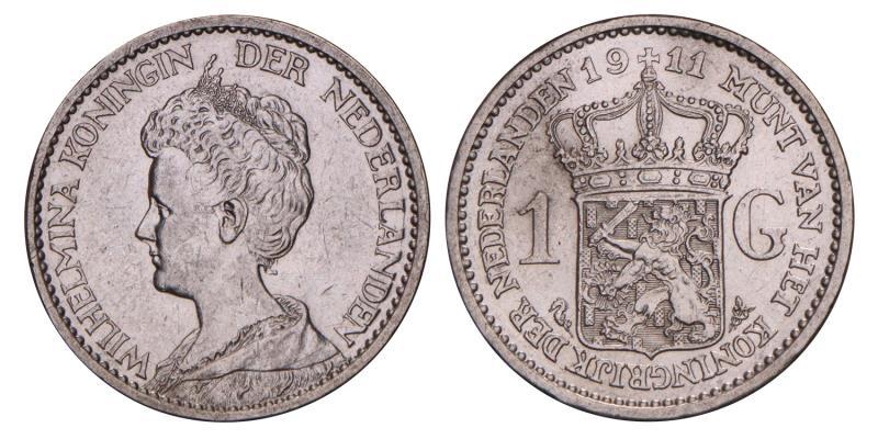 1 Gulden Wilhelmina 1911. Zeer Fraai / Prachtig.