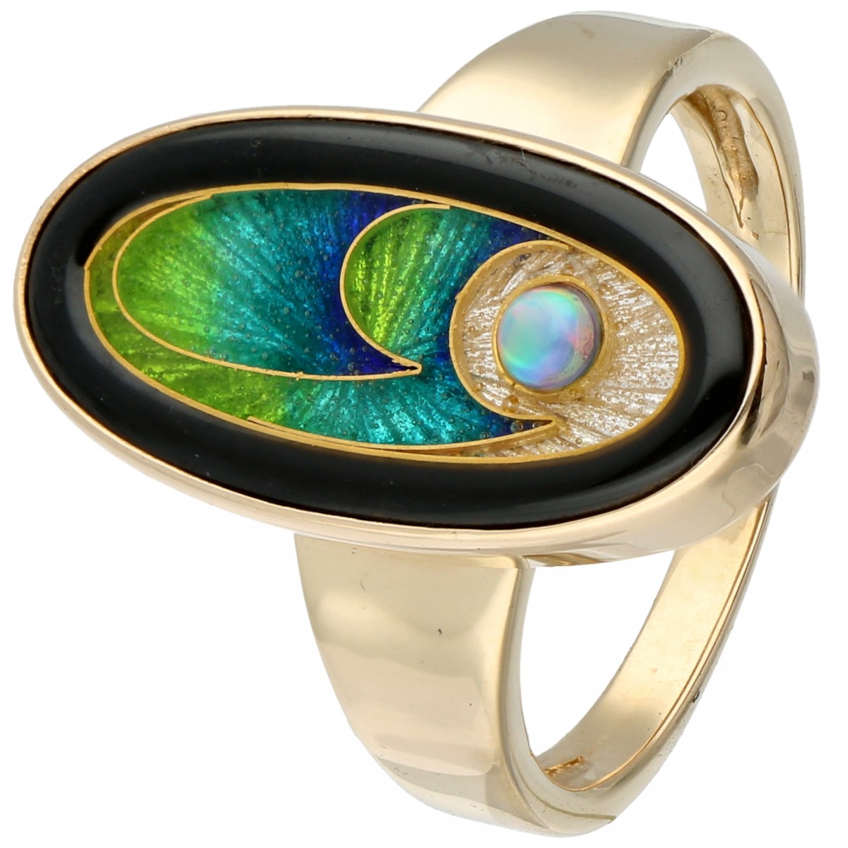 Geelgouden Magick Fusager Design ring met natuurlijke witte opaal en cloisonné emaille - 14 kt.