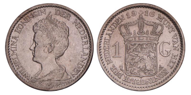1 Gulden Wilhelmina 1916. Zeer Fraai / Prachtig.