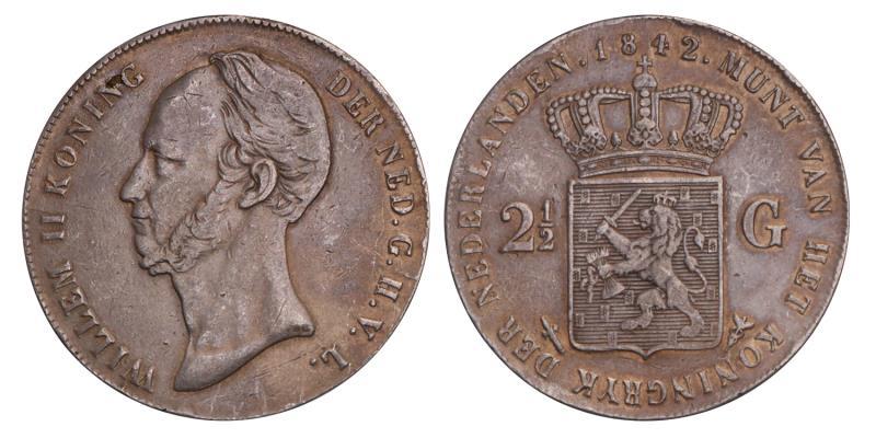 2½ Gulden Willem II 1842. Fraai / Zeer Fraai.