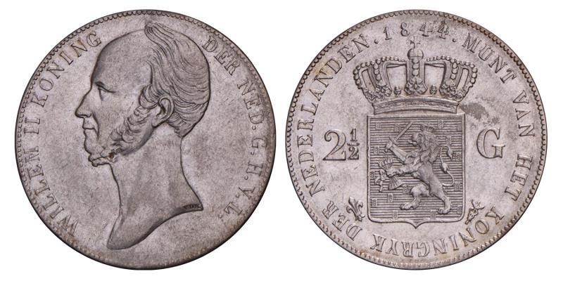 2½ Gulden Willem II 1844. Zeer Fraai / Prachtig.
