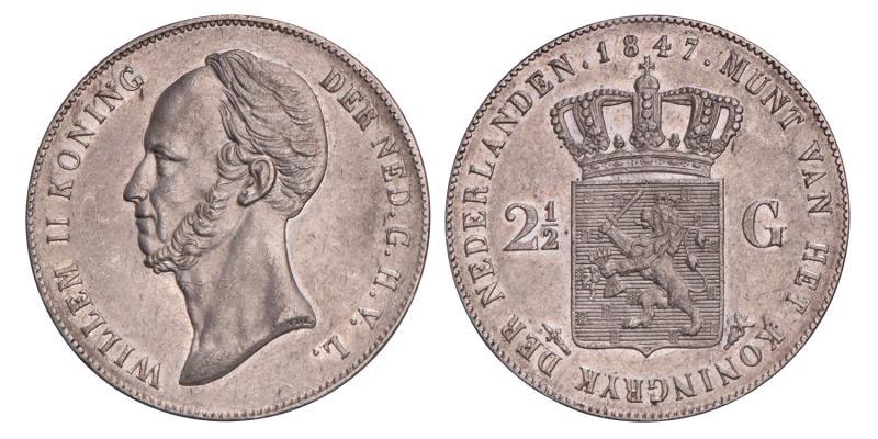 2½ Gulden Willem II 1847. Prachtig.