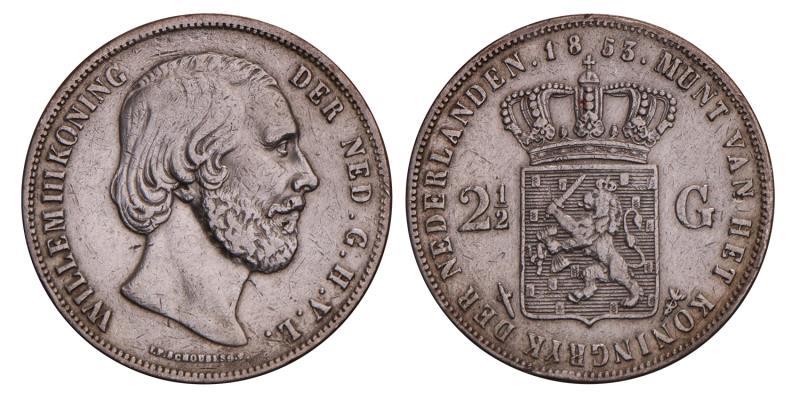 2½ Gulden Willem III 1853/52. Zeer Fraai +.
