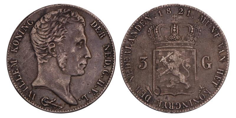 3 Gulden Willem I 1821 U. Fraai / Zeer Fraai.
