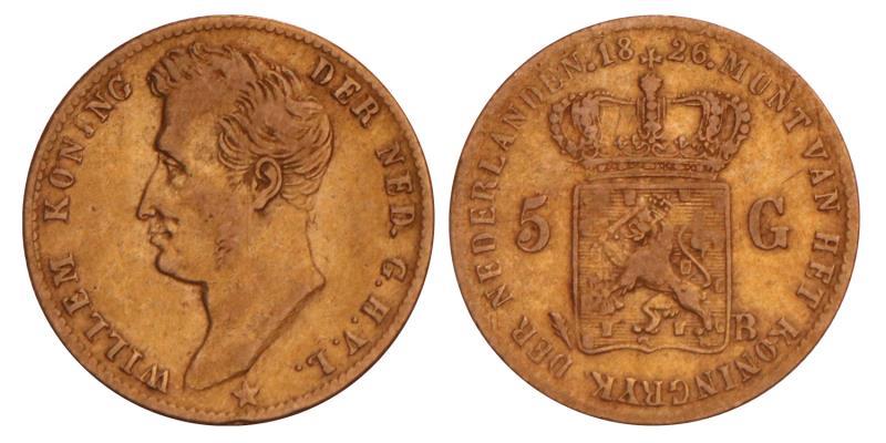 5 Gulden goud Willem I 1826 B. Fraai / Zeer Fraai.