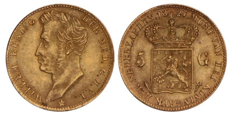 5 Gulden goud Willem I 1827 U. Prachtig +.