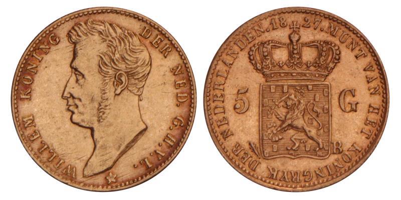 5 Gulden goud Willem I 1827 B. Prachtig +.