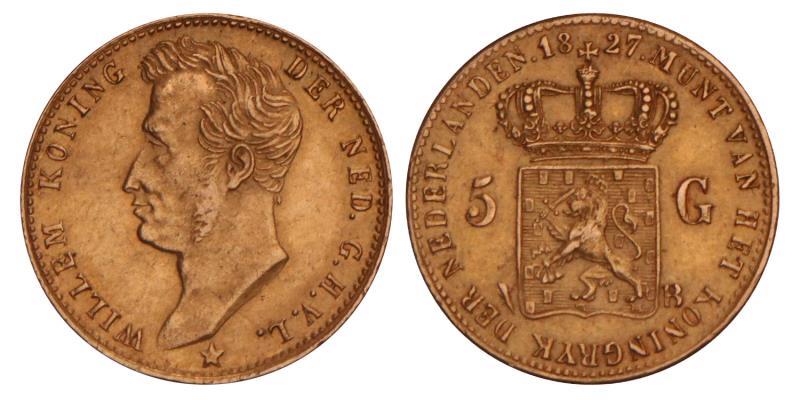 5 Gulden goud Willem I 1827 B. Zeer Fraai / Prachtig.