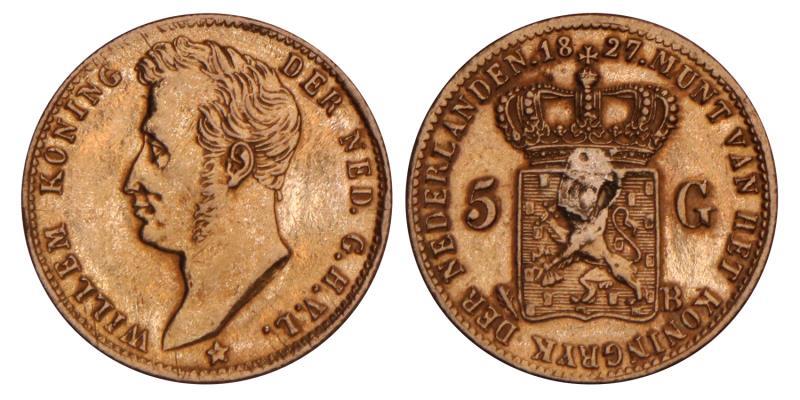 5 Gulden goud Willem I 1827 B. Zeer Fraai (montage).