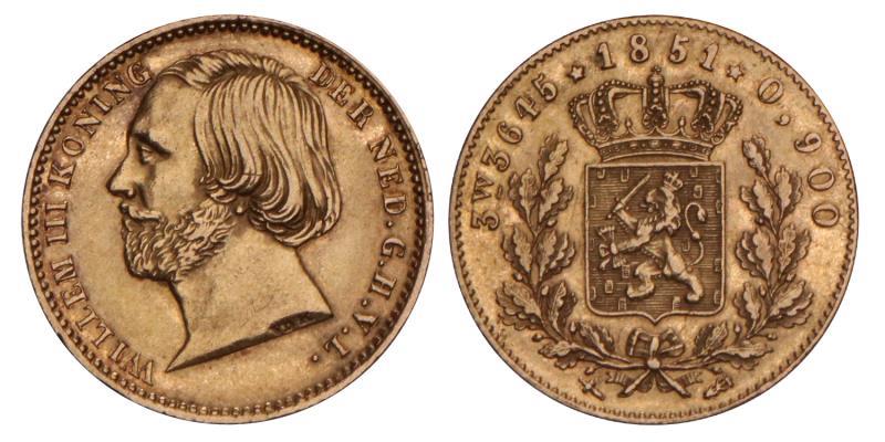 5 Gulden goud negotiepenning Willem III 1851. Prachtig / FDC.