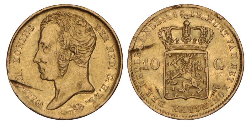 10 Gulden goud Willem I 1818. Fraai / Zeer Fraai (knip).