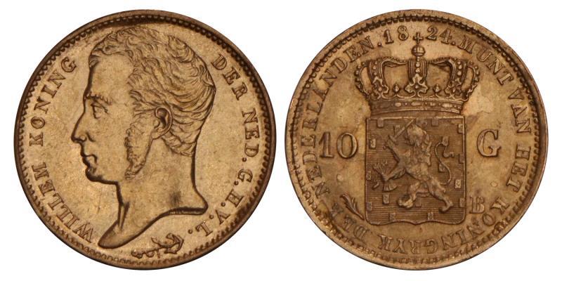 10 Gulden goud Willem I 1824 B. Prachtig / FDC.