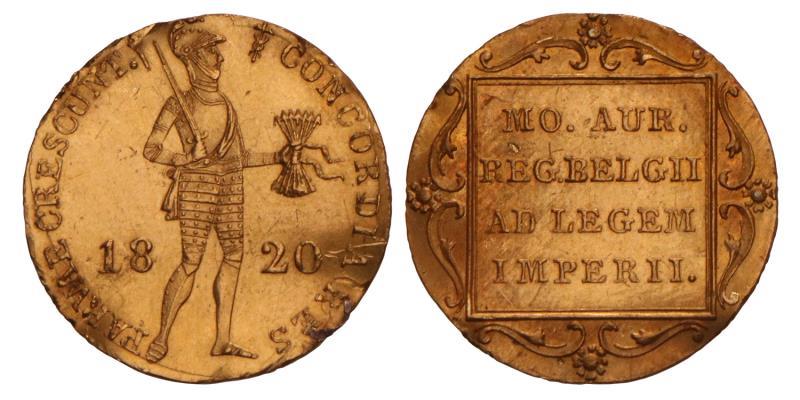 Gouden dukaat Willem I 1820 U. FDC (klemsporen).