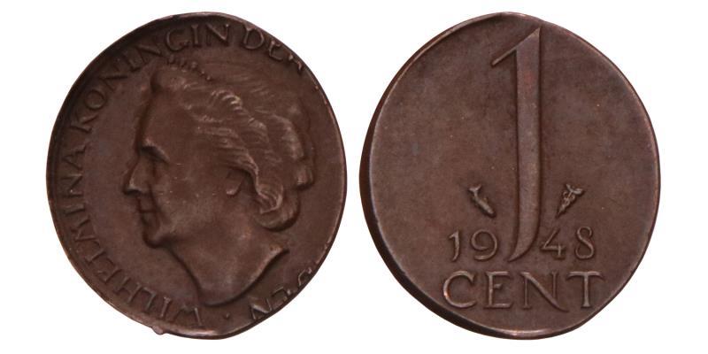 1 Cent Wilhelmina 1948 kortere muntplaatje.