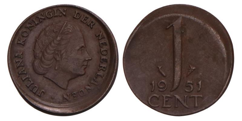 1 Cent Juliana 1951 excentrisch geslagen.