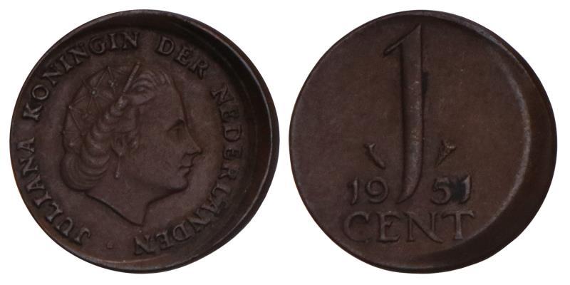 1 Cent Juliana 1951 excentrisch geslagen.