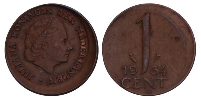 1 Cent Juliana 1964 excentrisch geslagen.