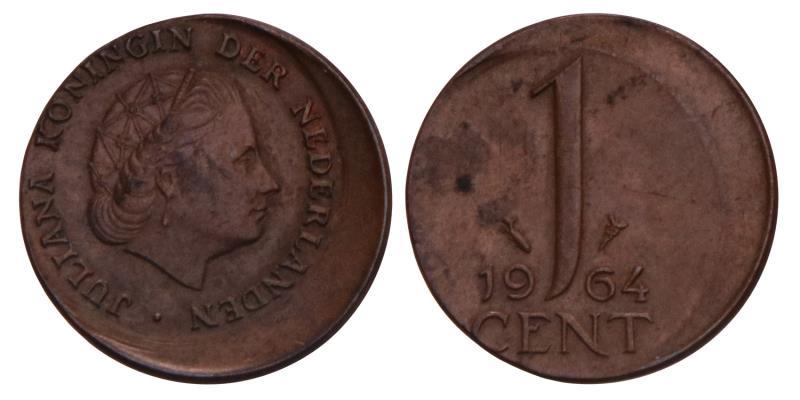 1 Cent Juliana 1964 excentrisch geslagen.