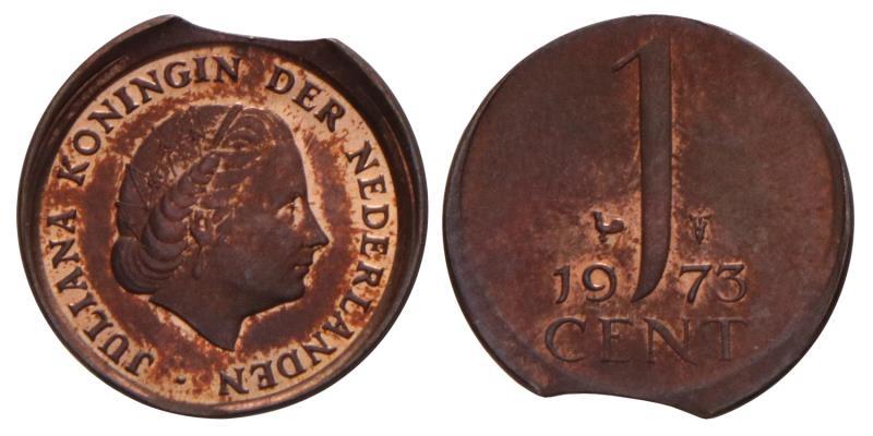 1 Cent Juliana 1973 einde muntplaat en excentrisch geslagen.