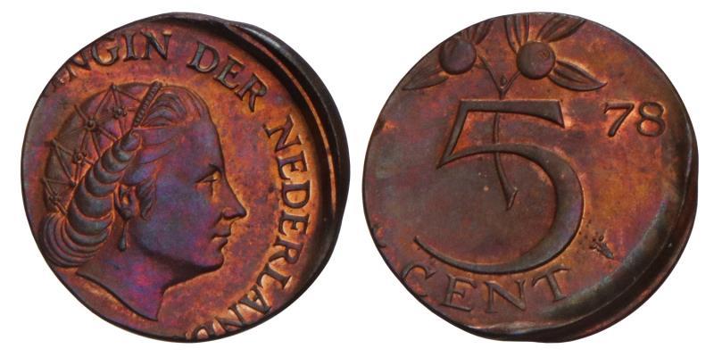 5 Cent Juliana 1978 muntplaatje geslagen van 1 Cent.