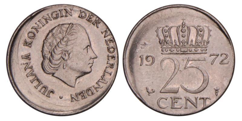 25 Cent Juliana 1972 excentrisch geslagen.