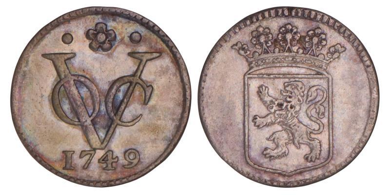 Zilveren duit V.O.C. afslag Holland 1749. Zeer Fraai.