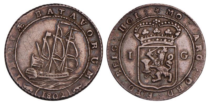 Nederlands-Indië. 1 Gulden Bataafse Republiek 1802. Zeer Fraai +.