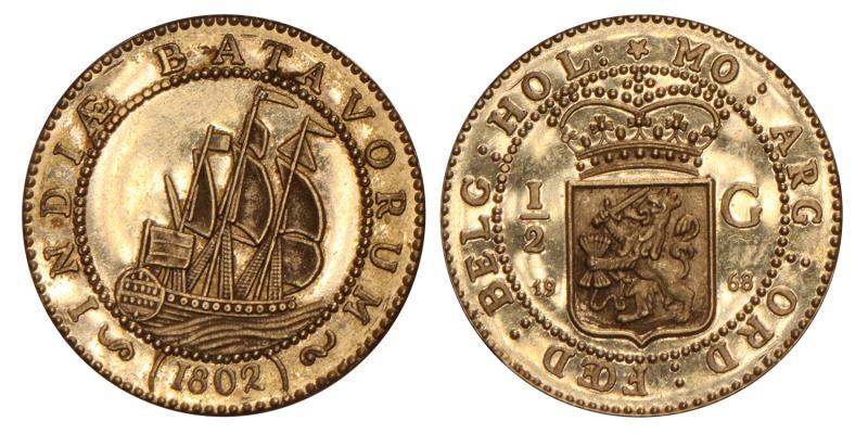 Halve scheepjesgulden herslag 1802 (1968). Proof.