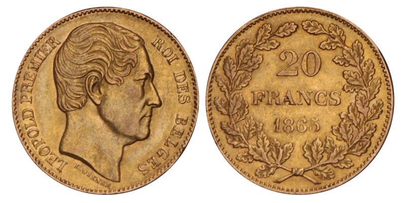 Belgium. Leopold I. 20 Francs. 1865.