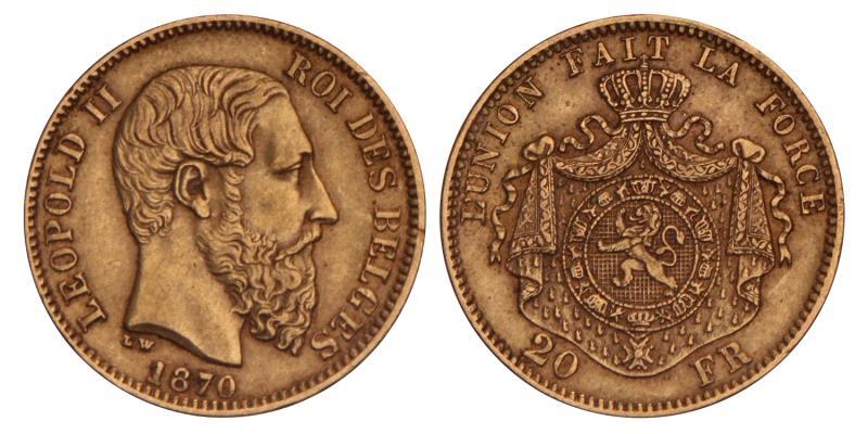 Belgium. Leopold II. 20 Francs. 1870.