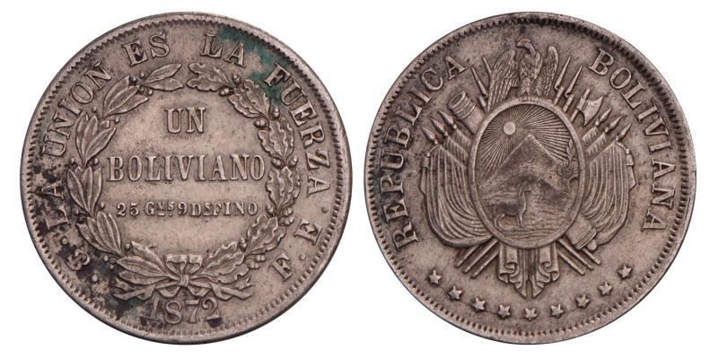 Bolivia. Republic. 1 Boliviano. 1872.