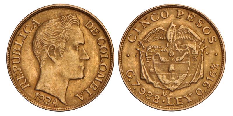 Colombia. Republic. 5 Pesos. 1924.