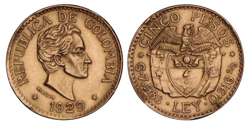 Colombia. Republic. 5 Pesos. 1929.