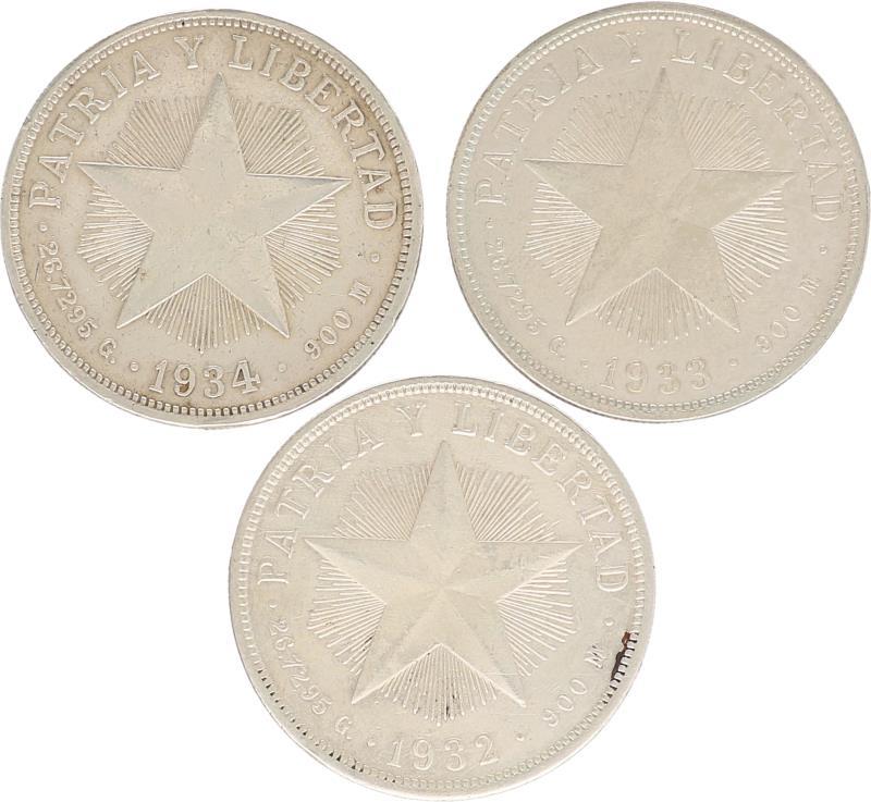 Cuba. Lot (3) Peso. 1932,1933 and 1934.