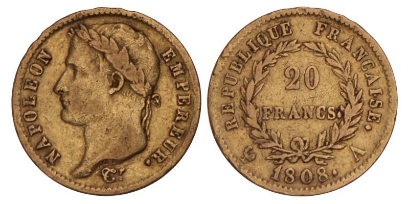 France. Napoleon. 20 Francs. 1808 A.