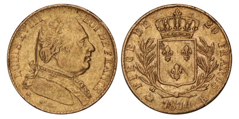 France. Lodewijk XVIII. 20 Francs. 1814 K.